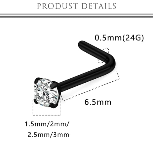 Hoeudjo Hypoallergenic Nose Rings Studs 24G Surgical Stainless Steel Cubic Zirconia Nose Studs for Women Men Screw & Bone & L Shaped Nostril Piercing Jewelry with 1.5mm 2mm 2.5mm 3mm CZ - color: black,L-shaped nose studs