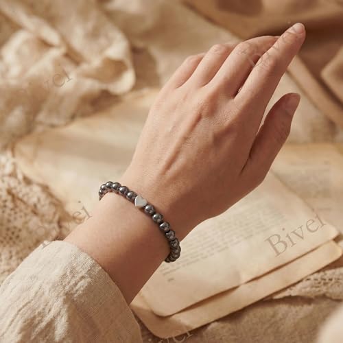 Bivei Crystal Stretch 6mm Bracelets for Women | Handmade Natural Stone Beaded Stretch Bracelet, Stainless Steel Heart Bead, Tranquility Yoga Gift Jewelry for Women - color: Hematite - Grounding