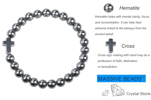 MASSIVE BEADS Handmade Yoga Stretch Elastic Bracelet Natural Stone Crystal Healing Power Energy Gifts for Unisex Adult 4mm 6mm 8mm 10mm - color: BELIEF FAITH(Hematite and Cross B), size: 8mm