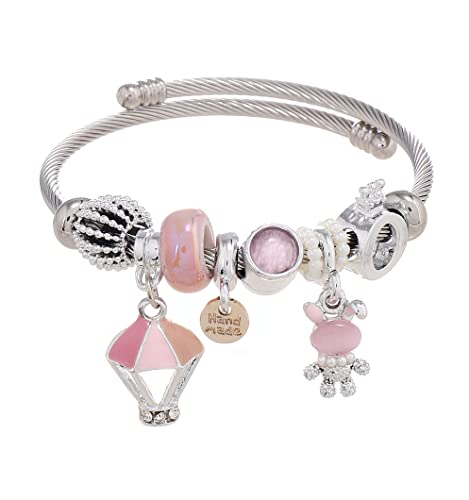 DS Charm Bracelets for girls,exquisite cute cartoon friendship bracelets Silver Stainless Steel Bangle with birthday Gift box, Adjustable girls jewelry Suitable for holiday gifts - style: Silver-pink rabbit