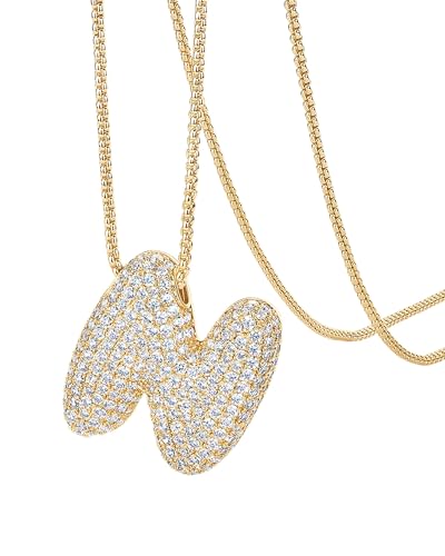 PAVOI 14K Gold Plated Cubic Zirconia Bubble Letter Initial Necklaces for Women | Gold Balloon Necklace Letter | Chunky Pendant Necklaces - style: -N