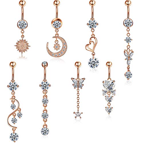 Hicarer 8 Pieces 14G Belly Button Rings Steel Long Dangle Navel Ring CZ Body Piercing Jewelry - color: Rose Gold