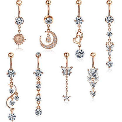 Hicarer 8 Pieces 14G Belly Button Rings Steel Long Dangle Navel Ring CZ Body Piercing Jewelry - color: Rose Gold