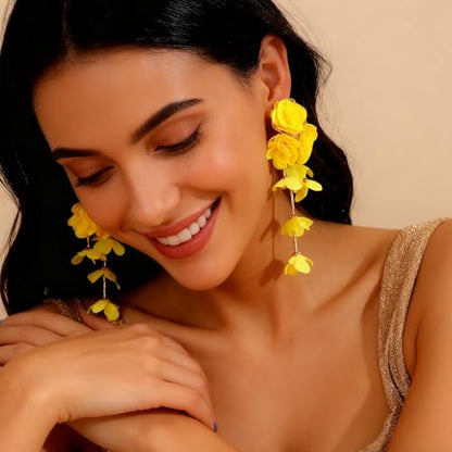 Fabric Flower Earrings for Women Colorful Long Tassel Floral Drop Earrings Fashion Boho Exaggerated Statement Beach Party Jewelry - color: yellow