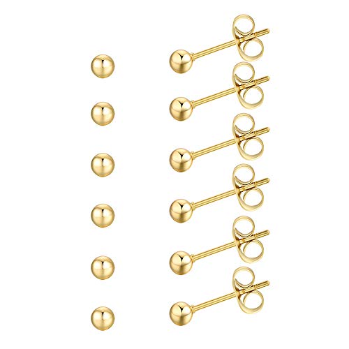 FOSIR 6 Pair Tiny Women 14K Gold Plated Ball Stud Earrings Surgical Stainless Steel Earrings Set, 2-6MM - style: 6 pair diameter,3mm