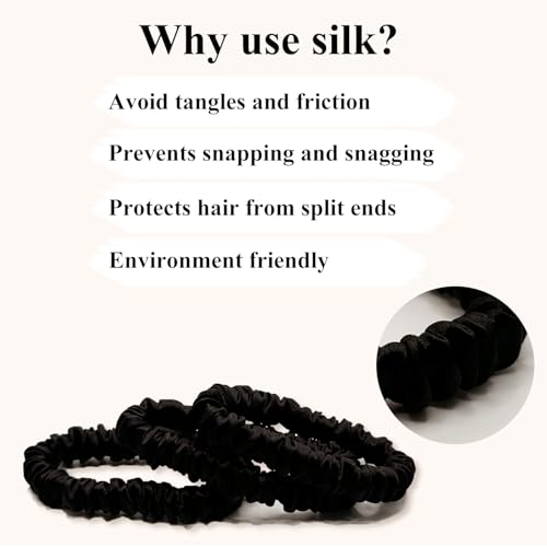 VLOMOT 3 Pcs Set 100% Pure Mulberry Silk Hair Scrunchies Hair Ties with 3 Chic Colors Everyday Skinny Scrunchies Silk Ponytail Holders Hair Care No Damage (Black) | Silk Hair Ties for Thin Hair with 3 Chic Colors Everyday Skinny Scrunchies Silk Ponytail H