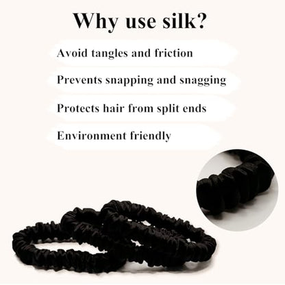 VLOMOT 3 Pcs Set 100% Pure Mulberry Silk Hair Scrunchies Hair Ties with 3 Chic Colors Everyday Skinny Scrunchies Silk Ponytail Holders Hair Care No Damage (Black) | Silk Hair Ties for Thin Hair with 3 Chic Colors Everyday Skinny Scrunchies Silk Ponytail H