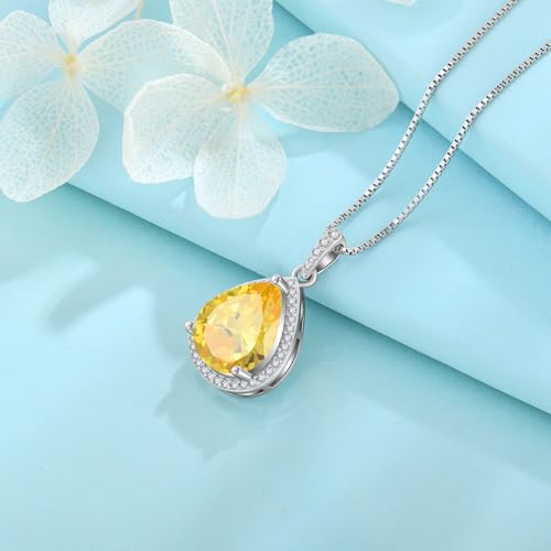FJ Teardrop Pendant Necklace 925 Sterling Silver Birthstone Jewelry for Women - color: 11 November-Citrine