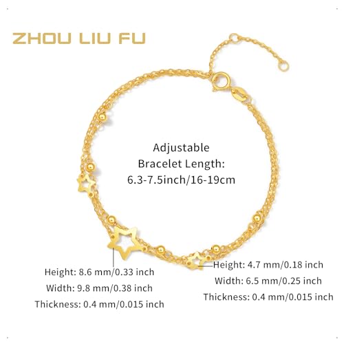 ZHOU LIU FU 18K Yellow Gold Charm Bracelet Hollow Heart Star Butterfly Charms Delicate Double Chain Bracelets Adjustable Cute Jewelry for Women Her Mom Daughter Birthday Anniversary 16+3cm/6.3-7.5" - style: Star