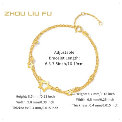 ZHOU LIU FU 18K Yellow Gold Charm Bracelet Hollow Heart Star Butterfly Charms Delicate Double Chain Bracelets Adjustable Cute Jewelry for Women Her Mom Daughter Birthday Anniversary 16+3cm/6.3-7.5" - style: Star