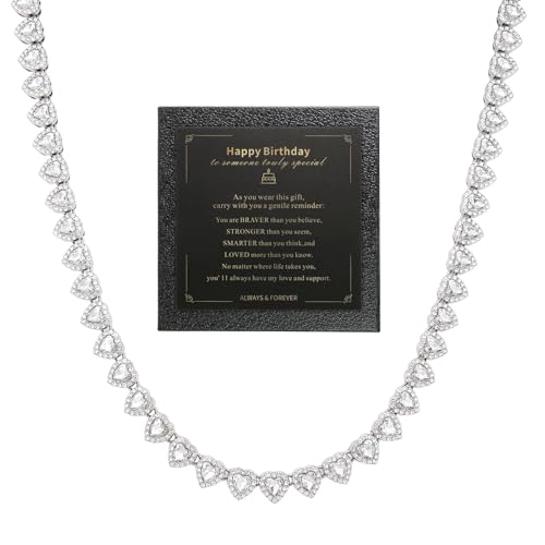 fasone Rhinestone Hearts Necklace, Iced Out Hearts Jewelry，Silver Tennis Necklace For Women，Tennis Necklaces For Women, Heart Tennis Necklace - color: White_15.7inch_Birthday