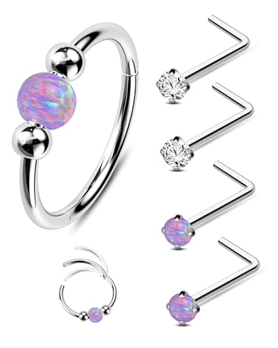 Jewseen 5Pcs Stainless Steel Nose Rings Hoops 20g Opal Nose Studs L Shaped Nose Rings Nose Piercing Jewelry Cartilage Hoop Helix Tragus Daith Earrings for Women - color: purple