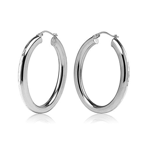 Hoops & Loops 925 Sterling Silver 4.5mm Thick Oval Diamond-Cut Hoop Earrings, 25mm 30mm, Silver, Yellow Gold, Rose Gold & Black - color: Silver 30mm-1.2''