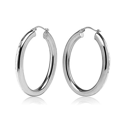 Hoops & Loops 925 Sterling Silver 4.5mm Thick Oval Diamond-Cut Hoop Earrings, 25mm 30mm, Silver, Yellow Gold, Rose Gold & Black - color: Silver 30mm-1.2''