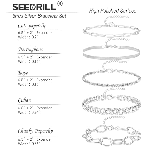 SEEDRILL Bracelets for Women Trendy Waterproof 316 Stainless Steel 18K Real Gold Plated Jewelry Sets Chunky Stackable Cuban Link Paperclip Herringbone Rope Chain Bracelet Pack Gifts Silvery/Gold-Tone - color: Silvery