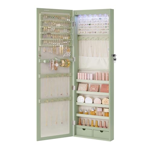 SONGMICS 6 LEDs Mirror Jewelry Cabinet, 47.2-Inch Tall Lockable Wall or Door Mounted Jewelry Armoire Organizer with Mirror, 2 Drawers, 3.9 x 14.6 x 47.2 Inches, Laurel Green UJJC093C01 - color: Laurel Green, size: 47.2"H