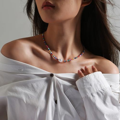 4-12 Pieces Beaded Choker Necklaces for Women Boho Seed Bead Choker Set Hawaiian Handmade Turquoise Beach Beads Necklace Chain Jewelry - style: 6 Bead Pearl Necklace