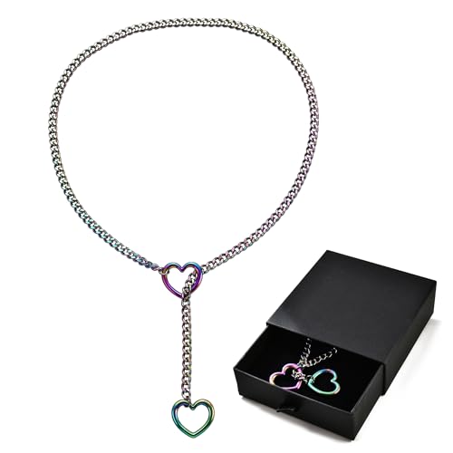 Qitian Stainless Steel Adjustable Lariat Y-Necklace for Men,Punk Gothic Cuban Necklace Jewelry,Heart O-ring Slip Chain Necklace for Women - color: Multi