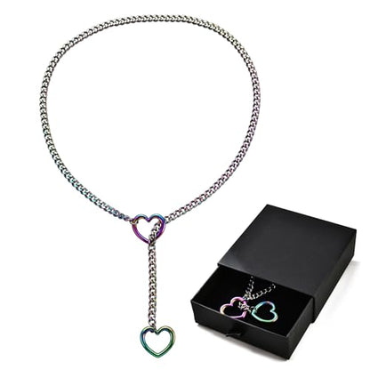 Qitian Stainless Steel Adjustable Lariat Y-Necklace for Men,Punk Gothic Cuban Necklace Jewelry,Heart O-ring Slip Chain Necklace for Women - color: Multi
