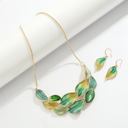 Vintage Statement Jewelry Set - Chunky Flower Floral Plant Geometric Resin Bib Necklace Earring Set Bohemian Boho Crystal Rhinestone Fashion Jewelry for Women Bridal Party Prom Unique Gift - style: MLJS2605-Green