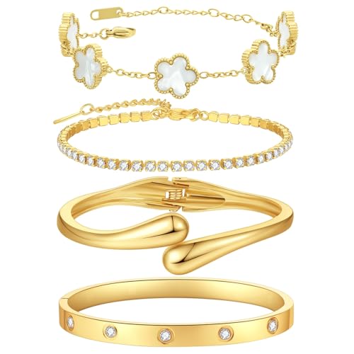 Mothers Day Gifts for Mom 18K Gold-Plated Bracelet Set – Floral Clover, Tennis, Chunky Adjustable Twist Cuff, Classic Gold-plated Bangle Stainless Steel, Non Tarnish, Stackable Bracelet Gift for Women - style: YR floral white