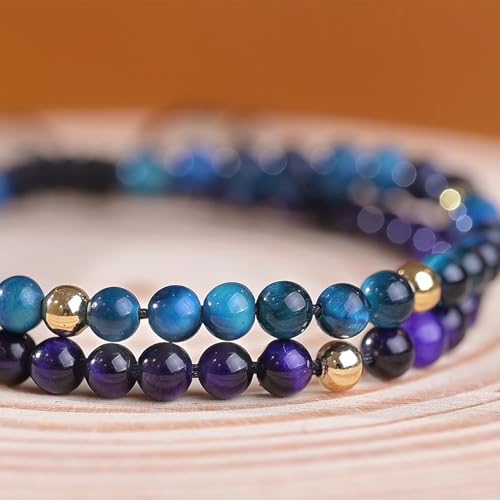 Natural Stone&925 Sterling Silver/18K Gold Anklet,│4MM│9-12 in│, Hand Woven, Adjustable Size - color: 925 Sterling Silver&Violet Tiger's Eye,4MM