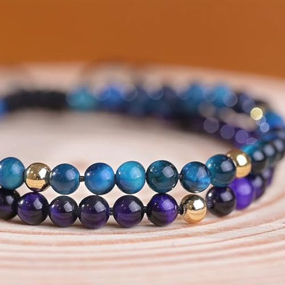 Natural Stone&925 Sterling Silver/18K Gold Anklet,│4MM│9-12 in│, Hand Woven, Adjustable Size - color: 925 Sterling Silver&Violet Tiger's Eye,4MM