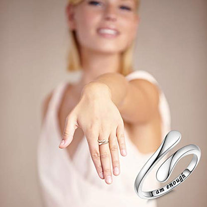 Fookduoduo 925 Sterling Silver Ring Inspirational Jewelry adjustable Wrap Open Rings for Women - style: I am enough