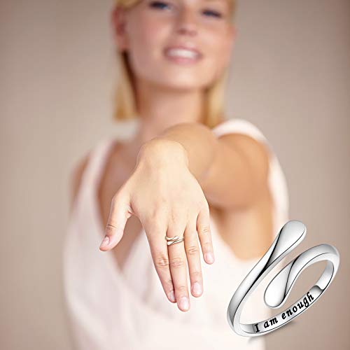 Fookduoduo 925 Sterling Silver Ring Inspirational Jewelry adjustable Wrap Open Rings for Women - style: I am enough