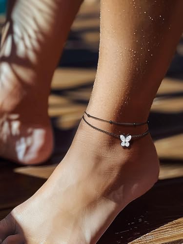Richsteel Double Layer Heart/Butterfly Birthstone Anklet for Women | Non Tarnish Waterproof, Silver/Gold/Black Stainless Steel 8.5-10.5 Inch Adjustable Chain Anklets Summer Beach Foot Jewelry - color: Black Butterfly-04 Apr.(Diamond)