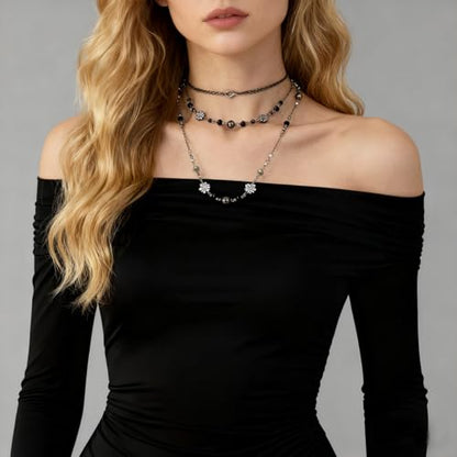 Long Pearl Necklaces for Women Pearl Long Chain Necklace Gold Chain Dainty Delicate Station Necklace Jewelry for Dress Party - color: 2Layer Black