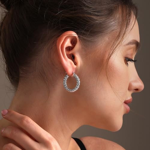 LeCalla Sterling Silver Hoop Earrings for Women | Lightweight Silver Chunky Hoop Earrings | Handmade Electroform Hollow Italian Design Click-Top Earrings Hoop - color: Bali Carved Chain