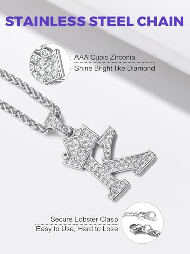 Richsteel Silver Crown Initial A-Z Letter Pendant Necklace for Men Women | Cubic Zirconia Monogram, 316L Steel Chain, 22" + 2" Extender,Hypoallergenic,Gift Box, Hip Hop Jewelry - style: K