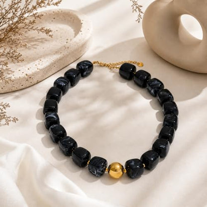 Mchic Colorful Beaded Choker Necklace for Women: Boho Large Square Acrylic Beaded Necklace Stainless Steel Adjustable Surfer Beach Strand Necklaces Summer Handmade Jewelry Gift for Women - color: Black