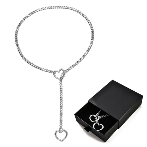 Qitian Stainless Steel Adjustable Lariat Y-Necklace for Men,Punk Gothic Cuban Necklace Jewelry,Heart O-ring Slip Chain Necklace for Women - color: Silver