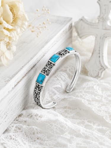 Native American Genuine Turquoise Cuff Bracelet for Women, 925 Sterling Silver Turquoise Boho Bangle, Adjustable Open Cuff Fits 6-7.5 Inches - style: Cross