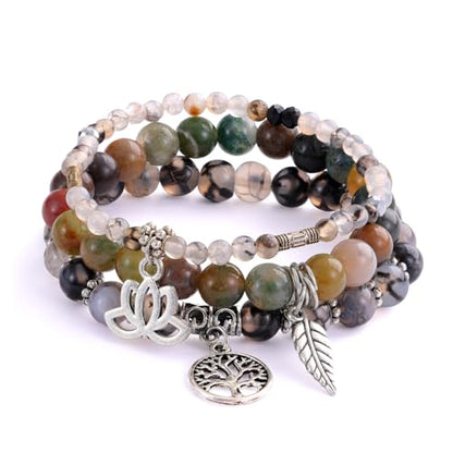 Tree of Life Yoga Healing Stone Bracelets,Multilayer Lotus Chakra Stone Reiki Bracelet Sets,Anxiety Crystal Natural Stone,for Women Stress Relief - style: Black dragon agate + Indian agate