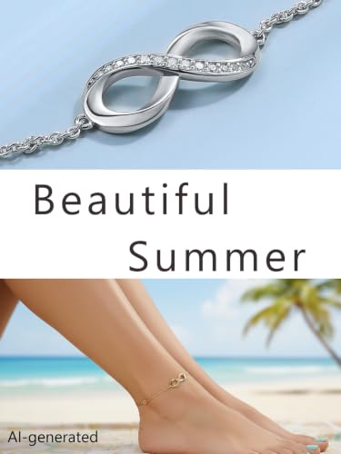 Moissanite Infinity Anklet for Women, Real Authentic 925 Sterling Silver Hypoallergenic, Beautiful Summer Jewelry, Dainty Ankle Bracelet, 8.6-10.6inch (21-26cm) Adjustable - color: Elegant Infinity - White Gold