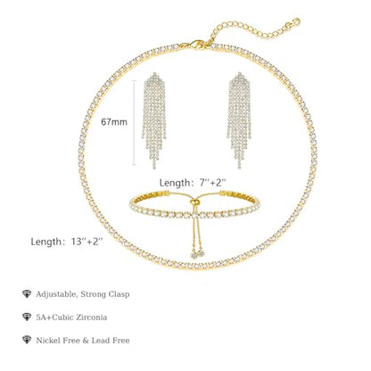 HAXIYA Tennis Necklace Bracelet for Women, Sterling Sliver Jewelry Set, Silver/Gold Chocker Necklace, Crystal Bracelet for Women, Wedding Jewelry for Bride, Sparkly Party Prom Hypoallergenic - color: Tassle Set of 3 - Gold
