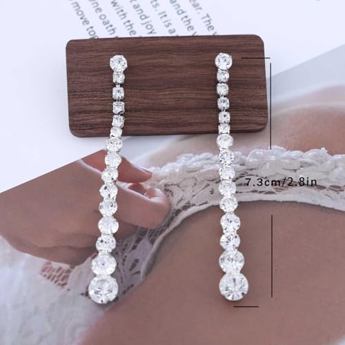 Wedding Long Rhinestone Earrings Silver Crystal Dangle Earring Diamond Cubic Zirconia Bridal Drop Sparkly Tassel Cz Brides Stud Shiny Statement Formal Bridesmaid Party Prom Jewelry Women
