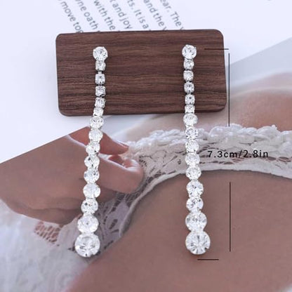 Wedding Long Rhinestone Earrings Silver Crystal Dangle Earring Diamond Cubic Zirconia Bridal Drop Sparkly Tassel Cz Brides Stud Shiny Statement Formal Bridesmaid Party Prom Jewelry Women