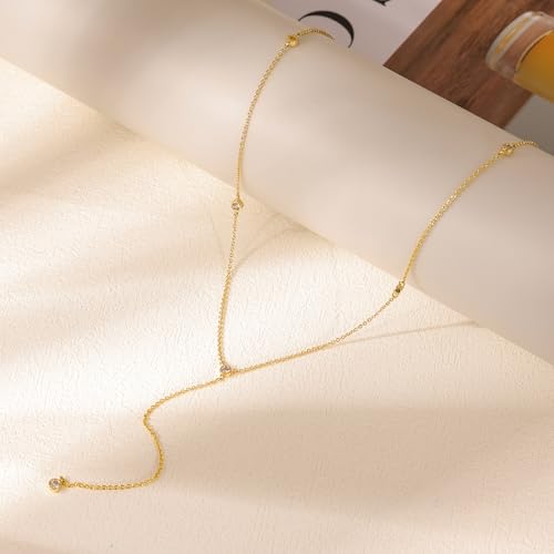 Gold Necklace for Women, Dainty Long Necklace 14k Gold Plated Lariat Long Necklaces for Women Trendy Simple Statement Drop Necklace Fashion Body Chain Prom Jewelry Gold Accessories - color: 7-Gold
