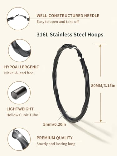 FindChic Twisted Hoop Earrings for Women, Silver/Black/14K Gold Plated Hypoallergenic Hollow Tube Rounded Loop Earrings, 30mm/40mm/60mm/80mm Hoops with Custom Name Options and Gift Box - color: a.Black, size: 80MM