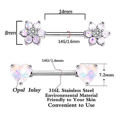 14G Opal Flower CZ Nipple Barbell Nipple Ring Piercing Jewelry for Women - color: silver 2