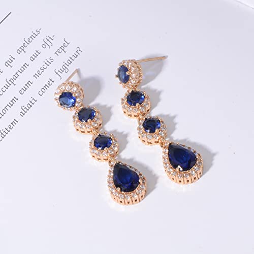 Women's Cubic Zirconia Bridal Earrings - Elegant Long Wedding Party Prom Earring for Bride Bridesmaids Crystal CZ Rhinestone Chandelier Statement Dangle Drop Earrings for girls - color: Blue-gold