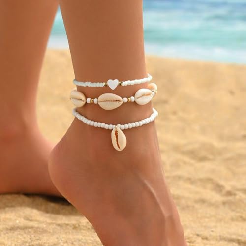 3PCS Boho Anklets for Women Summer Beach Women's Ankle Bracelets Beaded Anklet Bracelet Waterproof Beach Anklets Shell Starfish Anklet Foot Chain Jewelry for Women - color: 3PCS/white heart