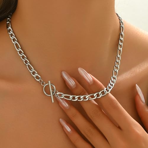 Chunky Gold Necklace for Women, 18K Gold Plated Paperclip, Figaro Link Chain Necklace, Toggle Clasp Necklaces, Trendy Non Tarnish Jewelry, Christmas Gifts - style: Figaro Toggle 17.7''-White Gold