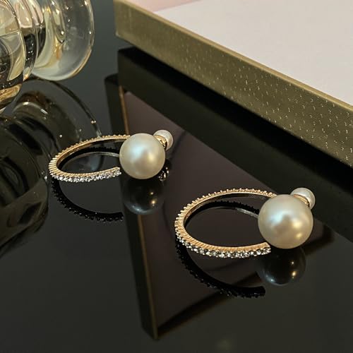 Large Pearl Rhinestone Crystal Hoop Earrings for Women,Gold Silver Cubic Zirconia Statement Hoop Earrings Party Holiday Jewelry Gifts