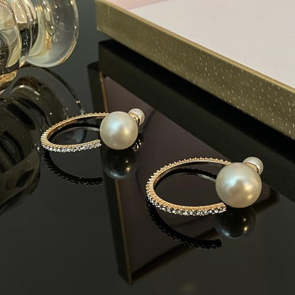 Large Pearl Rhinestone Crystal Hoop Earrings for Women,Gold Silver Cubic Zirconia Statement Hoop Earrings Party Holiday Jewelry Gifts