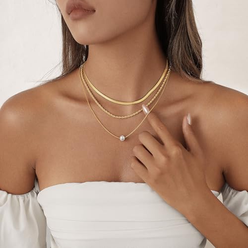 Layered Gold Necklace Set for Women Dainty Waterproof Cute Choker | 14K Gold Plated Minimalist Non Tarnish Lightweight CZ Pendant Pearl Twist Paperclip Chain Jewelry Gifts - style: 3PCS-Snake chain + Pearl-GD